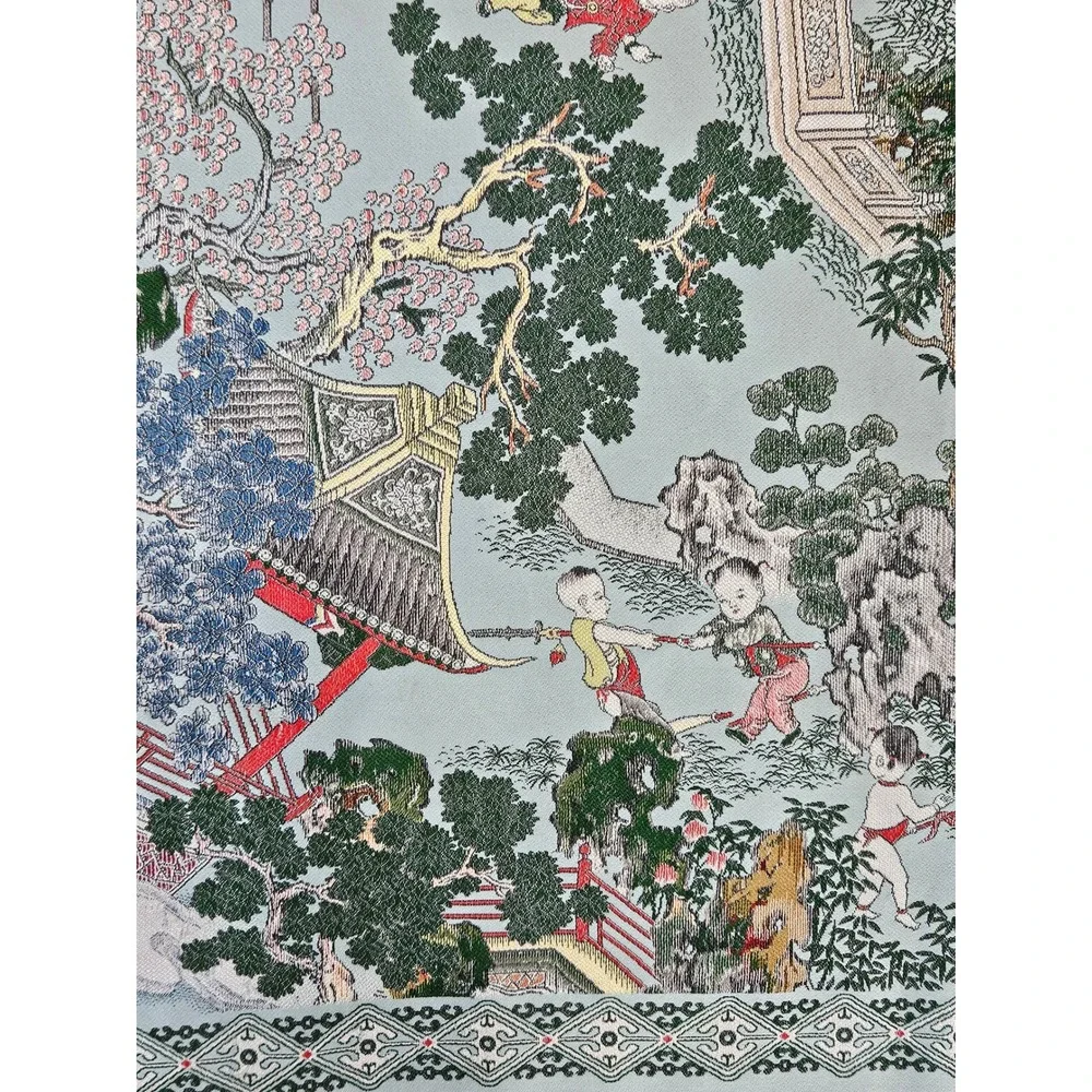 RARE VTG Brocaded Scenic Silk Chinese Tapestry Tablecloth Turquoise Fringe 55x38